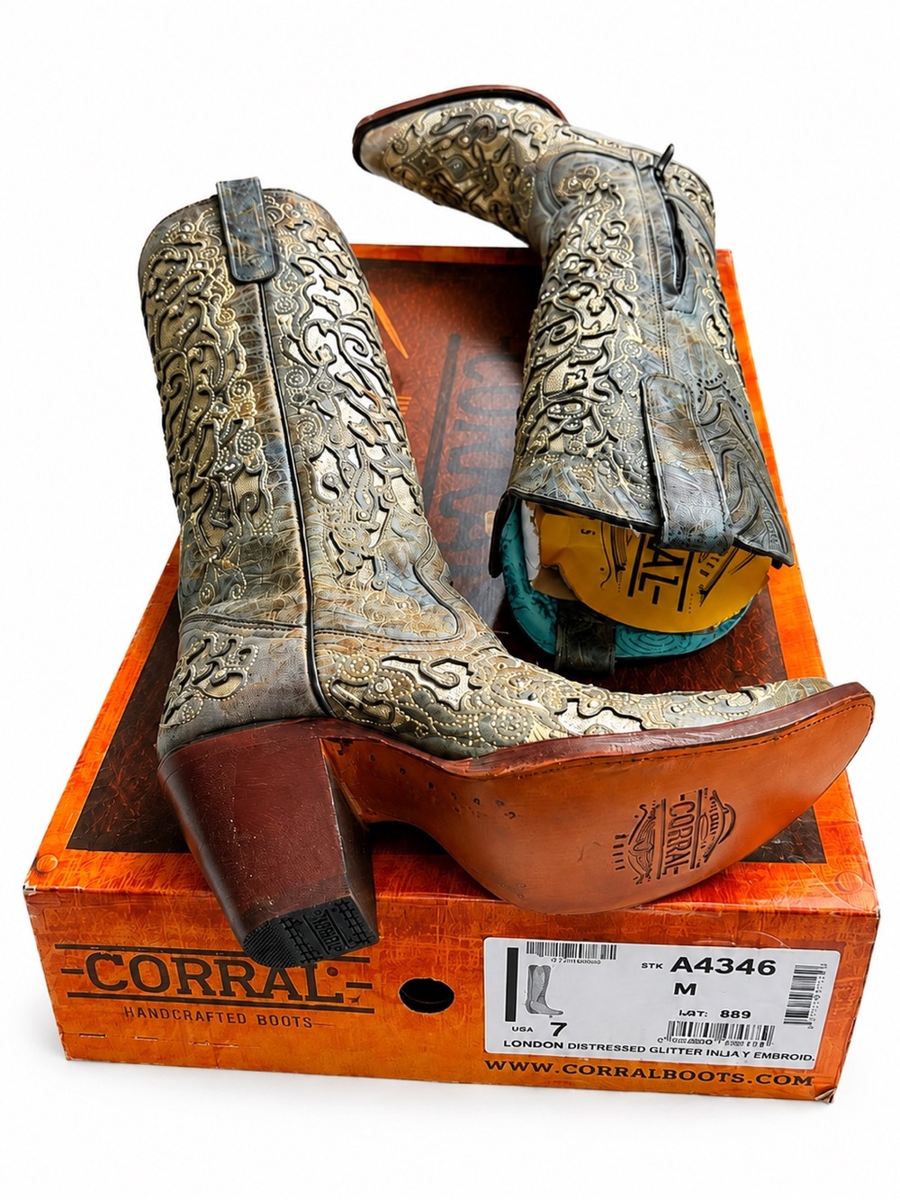 Corral A4346 Tall Glitter Floral Vine Boots BNWT Box Gray Silver Size 7